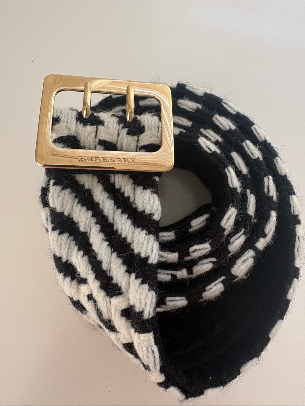 Burberry Black and White Knit Belt with Gold-Tone Buckle